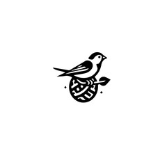Poster - A simple black and white illustration of a bird perched on a patterned sphere object