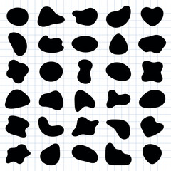 Poster - Abstract black shapes on background. Random shapes, abstract forms, black silhouettes. Geometric design with abstract black shapes on grid. Black shape vector set.
