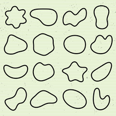 Poster - Grid with abstract shapes, black outlines on white background. Shapes vary in form, abstract and unique. Grid pattern enhances the abstract shapes. Black shape vector set.