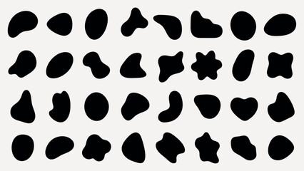 Poster - Abstract black shapes on background. Random shapes, abstract forms, black silhouettes. Geometric design with abstract black shapes on grid. Black shape vector set.
