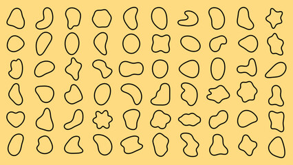 Poster - Grid with abstract shapes, black outlines on white background. Shapes vary in form, abstract and unique. Grid pattern enhances the abstract shapes. Black shape vector set.
