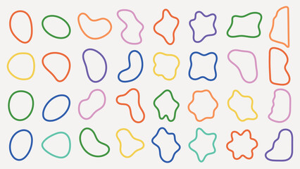 Poster - Colorful abstract shapes on a lined background. Various shapes in red, blue, yellow, and purple. Abstract shapes create a playful, artistic pattern. Colorful shapes, vector element set.