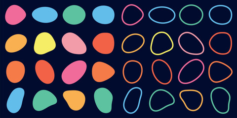 Poster - Colorful abstract shapes in rows. Shapes include blobs and outlines in blue, green, orange, and yellow. Abstract shapes create a playful pattern. Colorful shapes, vector element set.