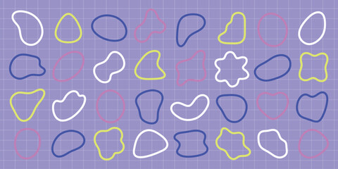 Poster - Colorful abstract shapes in rows. Shapes include blobs and outlines in blue, green, orange, and yellow. Abstract shapes create a playful pattern. Colorful shapes, vector element set.