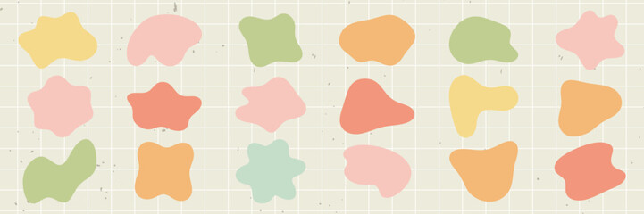 Poster - Colorful abstract shapes in rows. Shapes include blobs and outlines in blue, green, orange, and yellow. Abstract shapes create a playful pattern. Colorful shapes, vector element set.