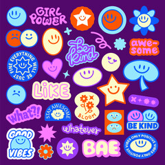 Poster - Colorful stickers with positive vibes, smiley faces, and motivational words Fun and cheerful, these stickers spread positivity and happiness Stay awesome, be kind! Funky stickers, vector set