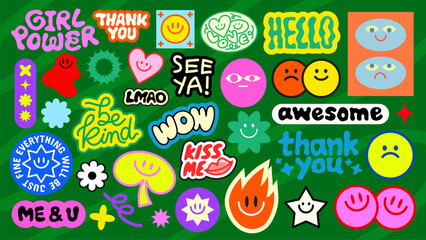 Poster - Colorful stickers with positive vibes, smiley faces, and motivational words Fun and cheerful, these stickers spread positivity and happiness Stay awesome, be kind! Funky stickers, vector set