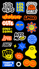 Poster - Colorful stickers with positive vibes, smiley faces, and motivational words Fun and cheerful, these stickers spread positivity and happiness Stay awesome, be kind! Funky stickers, vector set
