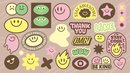Poster - Colorful stickers with positive vibes, smiley faces, and motivational words Fun and cheerful, these stickers spread positivity and happiness Stay awesome, be kind! Funky stickers, vector set