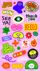 Poster - Colorful stickers with positive vibes, smiley faces, and motivational words Fun and cheerful, these stickers spread positivity and happiness Stay awesome, be kind! Funky stickers, vector set