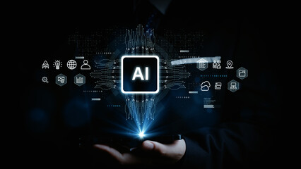 Poster - Modern artificial intelligence concept showing glowing AI icon, digital symbols, and circuit lines in a businessman’s hands, ideal for technology and innovation themes. 3d rendering