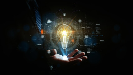 Poster - Bright lightbulb icon symbolizing innovation and ideas, floating above a businessman’s hand with digital connections and technology elements for creative and business themes. 3d rendering