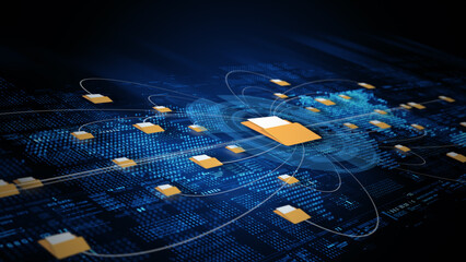 Poster - Abstract concept of data file sharing network showing folders connected across a glowing blue digital grid, ideal for storage, cloud, and cybersecurity themes. Big data background 3d rendering