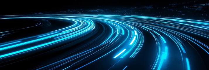 Poster - Vibrant Neon Cityscape at Night with Dynamic Blue Light Trails of Urban Transportation Routes