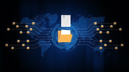 Poster - Technology big data global network, and document and file sharing network with connected folders on world map, perfect for cloud storage, secure data exchange, and information transfer. 3d rendering