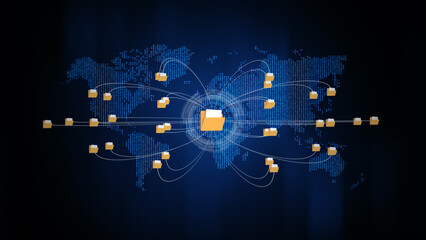 Poster - Global data file sharing network showing folders connected over a digital world map, and secure communication. Technology big data digital background. 3d rendering