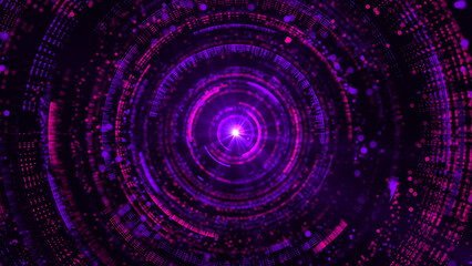 Poster - Abstract Digital Tunnel with Purple and Pink Light Particles in Circular Motion Representing Data Flow, Technology and Futuristic Network Concept, 3d rendering