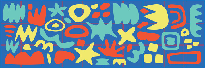 Poster - Colorful abstract shapes on a blue background. Abstract design with vibrant shapes. Playful abstract pattern with red, yellow, and blue shapes. Colorful vector set.