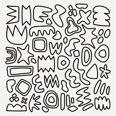 Poster - Abstract black line shapes on a background. Various geometric forms, wavy lines, and abstract shapes create a dynamic, artistic pattern. Modern and artistic. Black and white vector set.