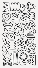 Poster - Abstract black line shapes on a background. Various geometric forms, wavy lines, and abstract shapes create a dynamic, artistic pattern. Modern and artistic. Black and white vector set.