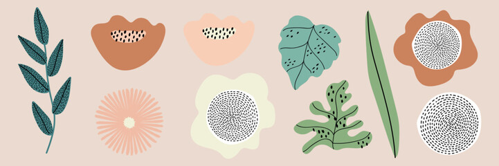 Poster - Abstract botanical illustration with leaves and flowers. Features green leaves, abstract flowers, and dotted patterns in a minimalist style. Pastel memphis element vector set.