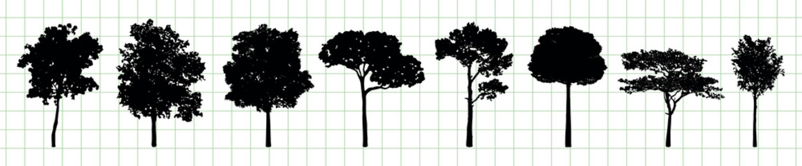 Poster - Silhouettes of various tree shapes on a grid background. Tree silhouettes in different forms. Grid background highlights tree silhouettes. Silhouette forest elements, vector set.