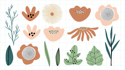Poster - Abstract botanical illustration with leaves and flowers. Features green leaves, abstract flowers, and dotted patterns in a minimalist style. Pastel memphis element vector set.