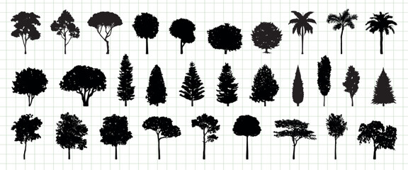 Poster - Silhouettes of various tree types on a grid background. Tree silhouettes include palm, pine, and deciduous. Diverse tree shapes and sizes in silhouette form. Silhouette forest elements, vector set.