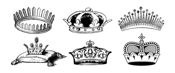 Poster - Collection of six vintage crowns. Crowns with intricate designs, royal crowns, vintage style. Perfect for royal-themed projects, vintage aesthetics, or design inspiration. Vintage elements vector set.