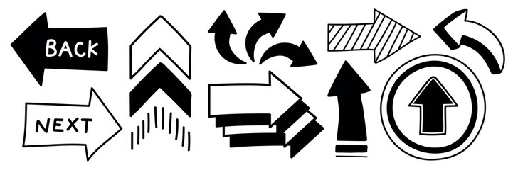 Poster - Black and white arrow illustrations. Arrows pointing in various directions. Hand-drawn arrows with different styles. Arrows for navigation and design. Hand drawn element vector set.