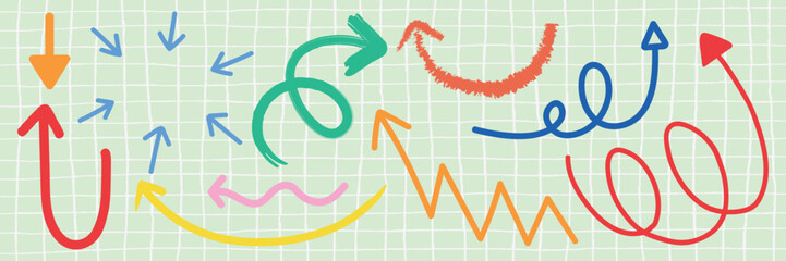 Poster - Colorful arrows in various directions on a grid background. Arrows in red, blue, green, and yellow. Arrows pointing up, down, and sideways. Colorful elements vector set.