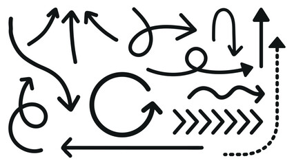 Poster - Collection of black arrows in various directions. Curved arrows, straight arrows, and zigzag arrows. Diverse arrow styles for navigation and design. Hand drawn element vector set.