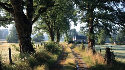 Wall Mural - rural road lined with trees leads to a house in the misty distance. perfect for travel blogs, nature