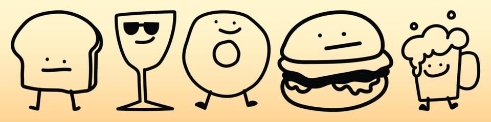 Poster - Cartoon food characters: bread, wine, donut, burger, beer. Fun, playful, and whimsical food illustrations. Bread, wine, donut, burger, beer with faces. Cute doodle icons vector set.