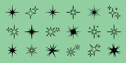 Poster - Collection of black starburst icons on a green background. Various starburst shapes and sizes. Starburst designs for creative projects. Starburst variety. Element vector set.