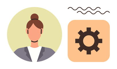 Poster - Female avatar in business attire paired with a gear icon signifying customization, productivity, or system settings. Ideal for user profile, teamwork, career, organization, management, workflow