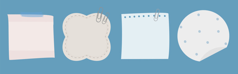 Poster - Illustration of four note papers: square, flower-shaped, perforated, and round. Note papers in various shapes and styles. Papers with clips and dots. Cute memo element set. Vectors.