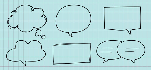 Poster - Hand-drawn speech bubbles on a grid background. Various shapes like clouds and rectangles. Speech bubbles for notes, ideas, and conversations. Hand drawn message element set. Vectors.