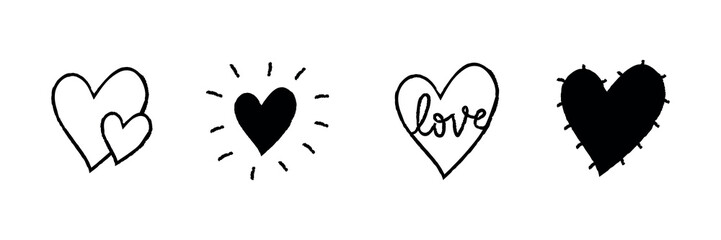 Poster - Four black heart icons: two overlapping hearts, a radiant heart, a heart with 'love' text, and a spiky heart. Simple black heart designs in a row. Cute hand drawn love doodle, element set. Vectors.