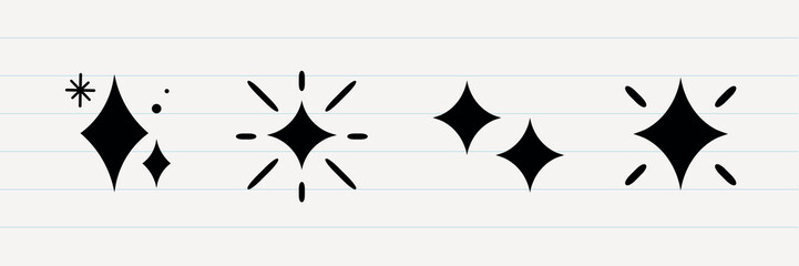 Poster - Set of black star and sparkle icons on lined background. Sparkle icons vary in shape and size. Star and sparkle designs in a simple, bold style. Festive element set. Vectors.