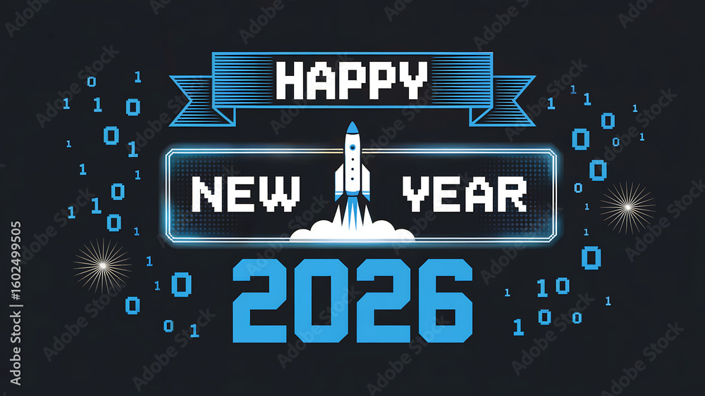 Happy New Year 2026 Rocket Launch Digital Celebration Binary Code ...