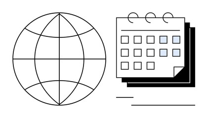 Poster - Minimal globe design paired with a grid calendar, representing international organization, time management, scheduling, collaboration, global outreach, project planning, and work balance. Ideal