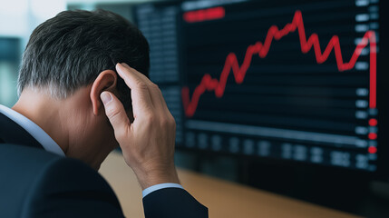 Poster - Market Decline and Stress: A stressed individual watches a falling market on a screen, reflecting the financial challenges, uncertainty and economic downturn.