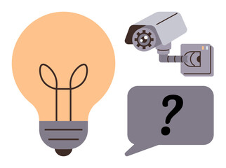 Poster - Light bulb representing ideas, surveillance camera for monitoring, and question mark in speech bubble highlighting inquiry. Ideal for innovation, security, problem-solving, creativity, communication