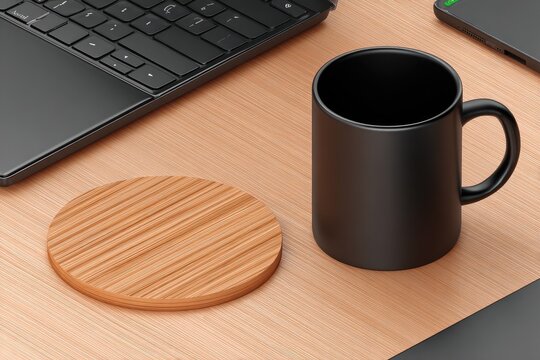 A black mug sits on a light-colored wooden surface, next to a laptop keyboard and coaster