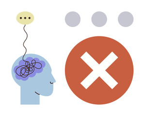 Poster - Tangled lines inside a brain linked to a speech bubble and a red cross symbol. Ideal for mental confusion, error, problem solving, decision making, communication, mental health, simple flat metaphor