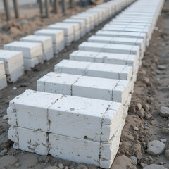 Poster - White bricks are neatly arranged in a row at a construction site, symbolizing building materials, structural foundation.