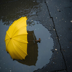 Poster - A yellow umbrella resting in a puddle of water, creating a striking contrast, symbolizing rain, reflection.