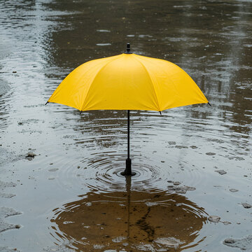 A yellow umbrella resting in a puddle of water, creating a striking contrast, symbolizing rain, reflection.