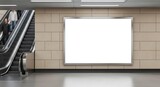 A blank white billboard mockup on a tiled wall in a modern subway station next to an escalator with people.
